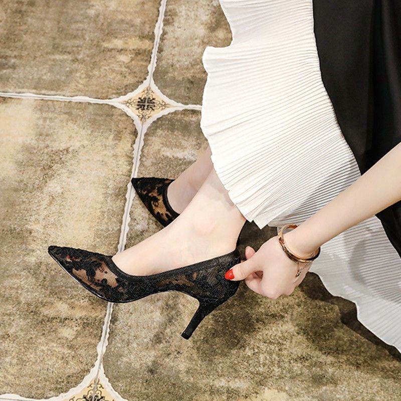 High Heels Mesh Breathable Sandals Female Pointed Stiletto Shallow Mouth Lace Bridesmaid Work Shoes - Mubimart