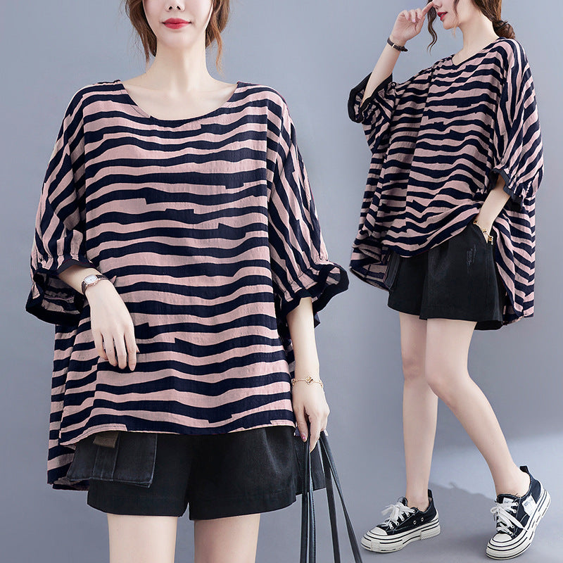 Summer Women's Loose Plus Size Striped Batwing Sleeve T-shirt - Mubimart -  