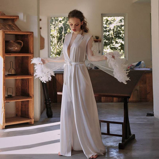Embroidered Lace-up Long Nightgown Loungewear - Mubimart