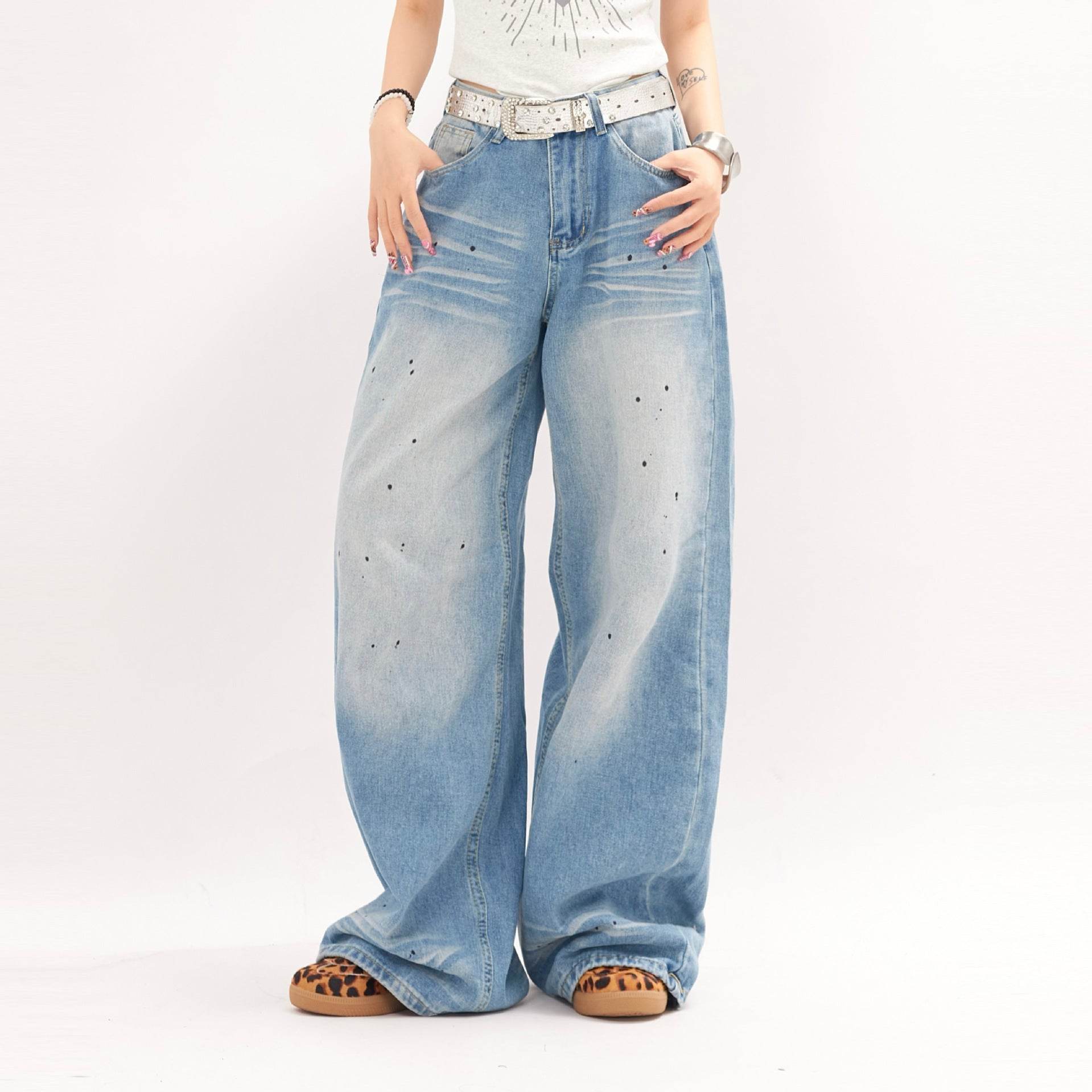 Gradient Loose Wide Leg Jeans For Men And Women - Mubimart
