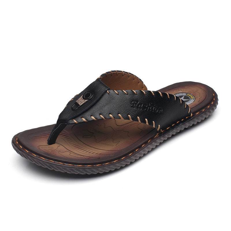 Leather Non-slip Slippers Men Outdoor Flip Flops Sandals - Mubimart
