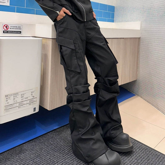 Large Pocket Pleated Black Cargo Pants Men - Mubimart