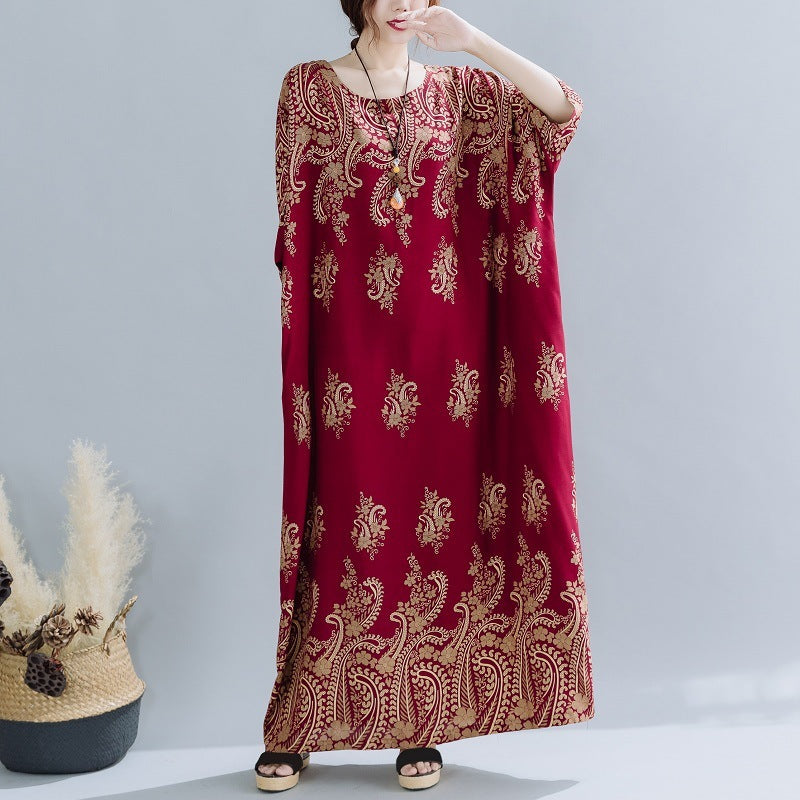 Spring Ethnic Style Plus Size Women's Cotton Silk Robe Loose Dress - Mubimart -  