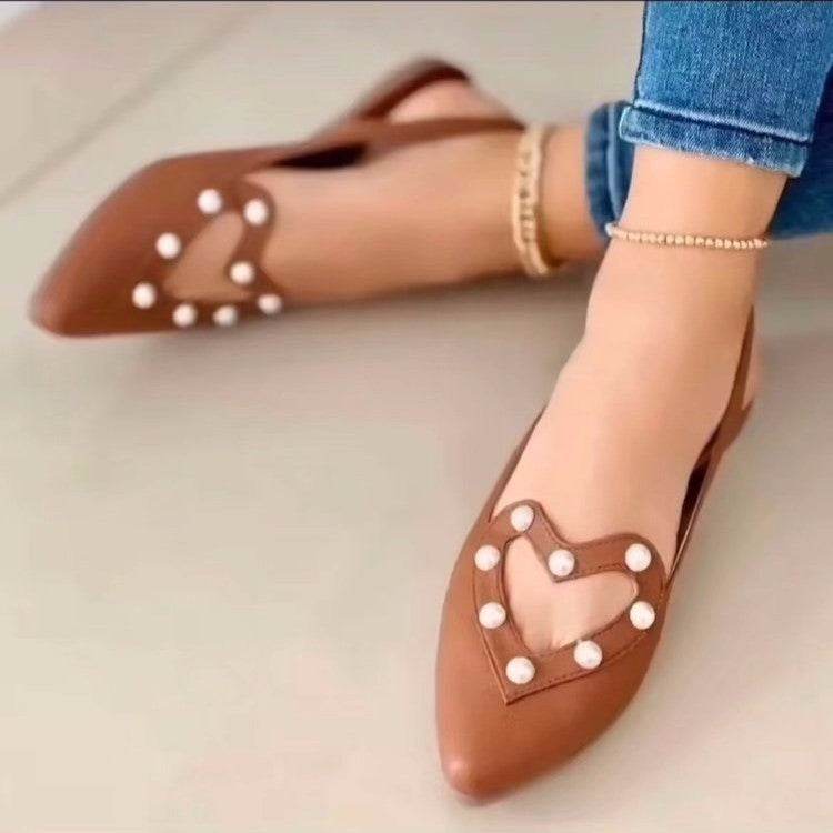 Love Shoes With Pearls Flats Women Sandals Pionted Toe Shoes - Mubimart