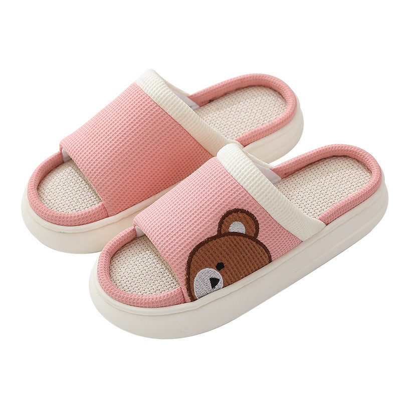 Cute Cartoon Bear Linen Slippers For Women Indoor Non-slip Sweat-absorbent Breathable Slip On Floor Bedroom Slipper House Shoes - Mubimart -  