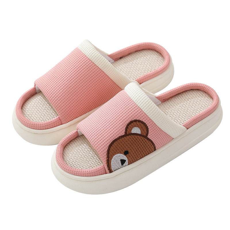 Cute Cartoon Bear Linen Slippers For Women Indoor Non-slip Sweat-absorbent Breathable Slip On Floor Bedroom Slipper House Shoes - Mubimart