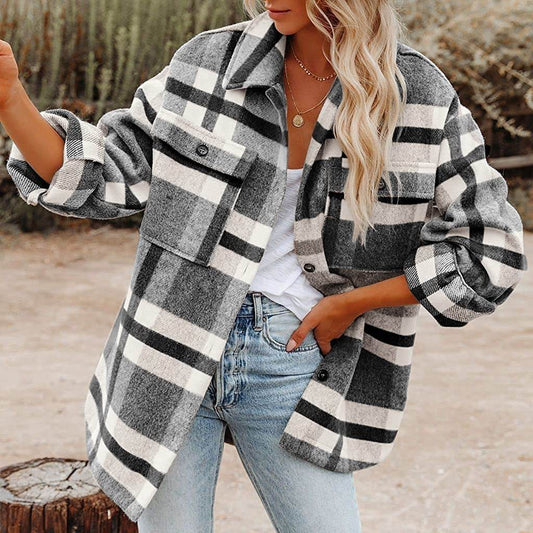 Plaid Button Flannel Woolen Shirt - Mubimart
