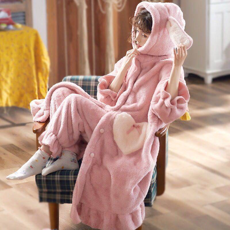 Cute Nightgown Plus Fleece Nightdress Flannel Set - Mubimart