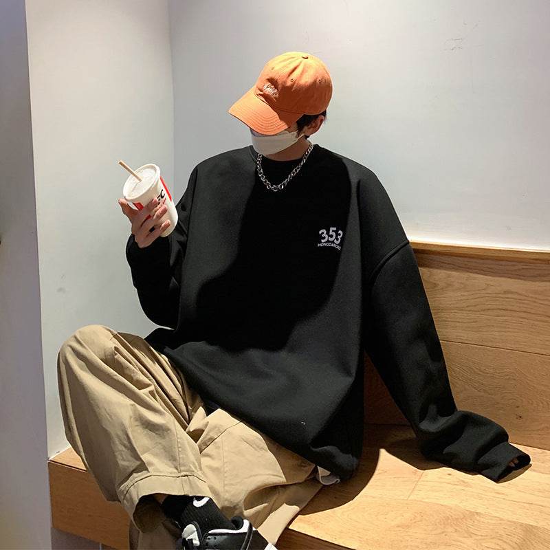 Foam Letter Printed Crew Neck Sweatshirt Leisure Pullover Bottoming Shirt Youth Trendy Handsome Top Plus Size - Mubimart