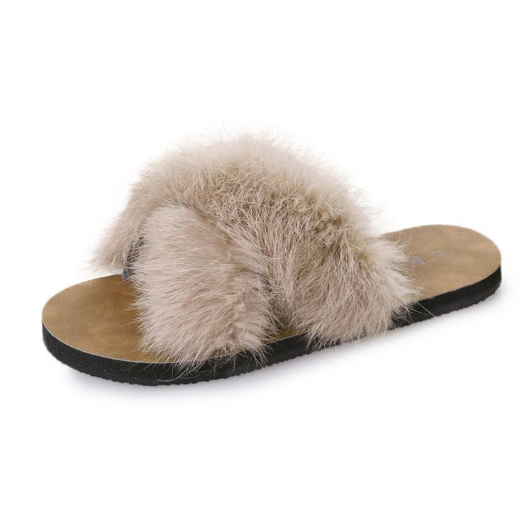 Spring New Fluffy Slippers Women's Summer Fashion Outerwear Flat Bottom Comfort