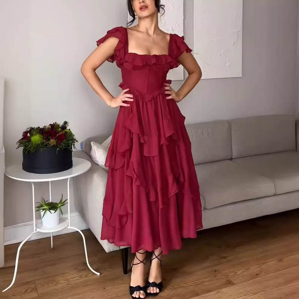 Summer Holiday Ruffled Short-sleeved Dress Fashion Backless Square Neck Long Dresses For Party Womens Clothing - Mubimart