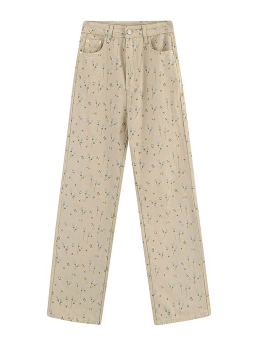Homemade Floral Straight Leg Jeans For Women - Mubimart