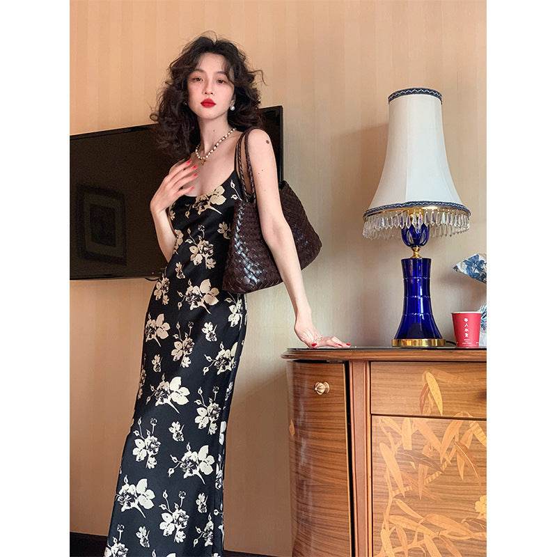 Printed Suspender Fishtail Midi Dress - Mubimart