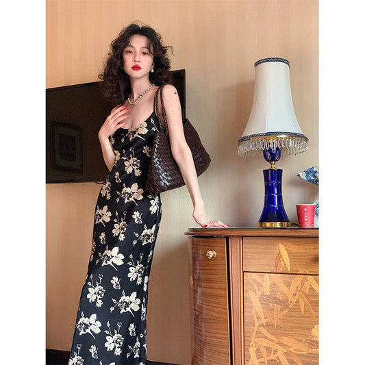 Printed Suspender Fishtail Midi Dress - Mubimart