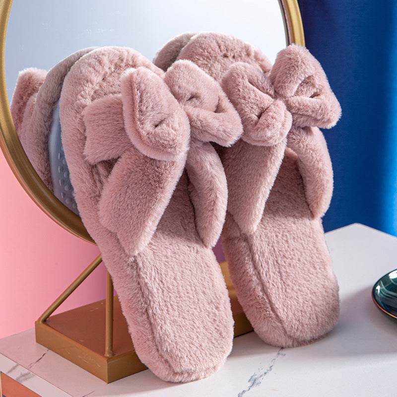 Bowknot Plush Slippers Plush Cotton Slippers - Mubimart