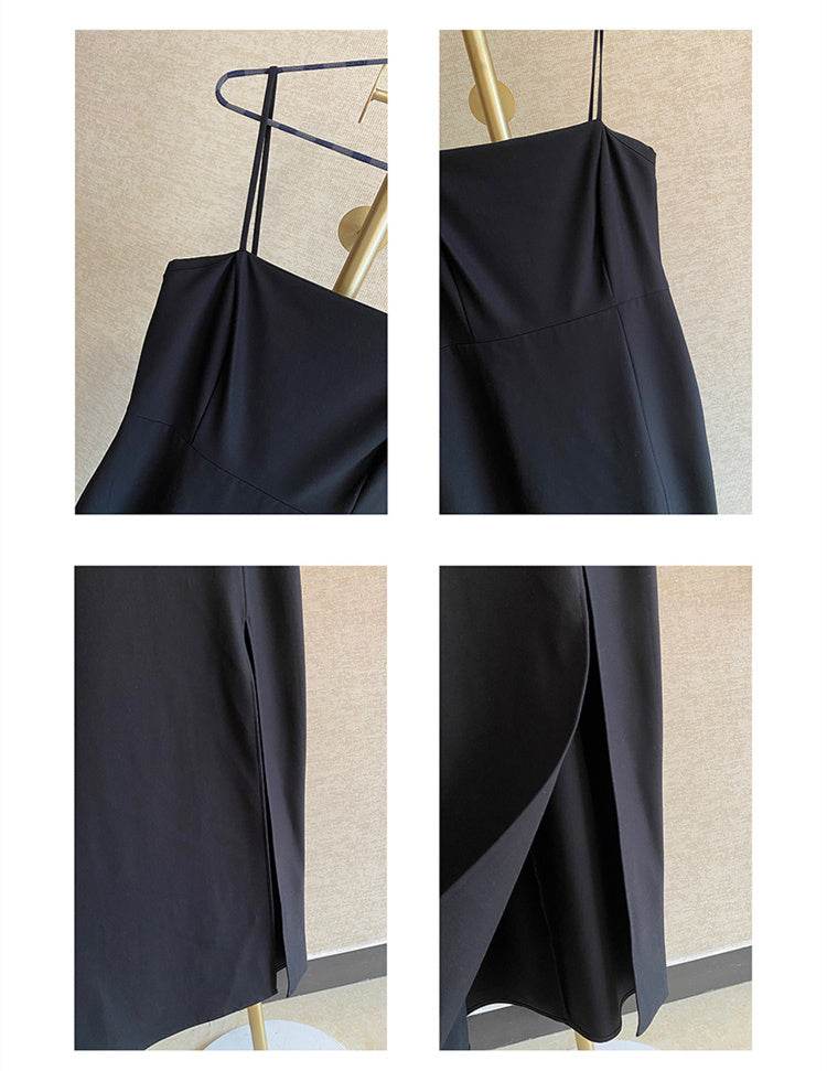 Slim Fit Black Slip Dress Midi - Mubimart