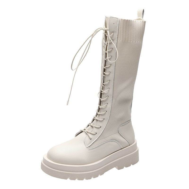 Women Boots Lace Up Mid Calf Boots High Platform Lace Up - Mubimart