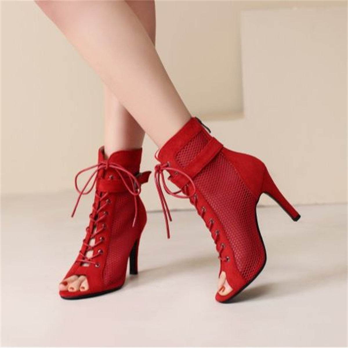 Stylish Peep Toe Hollow Mesh Cross Lace-up Buckle Dance High Heels - Mubimart