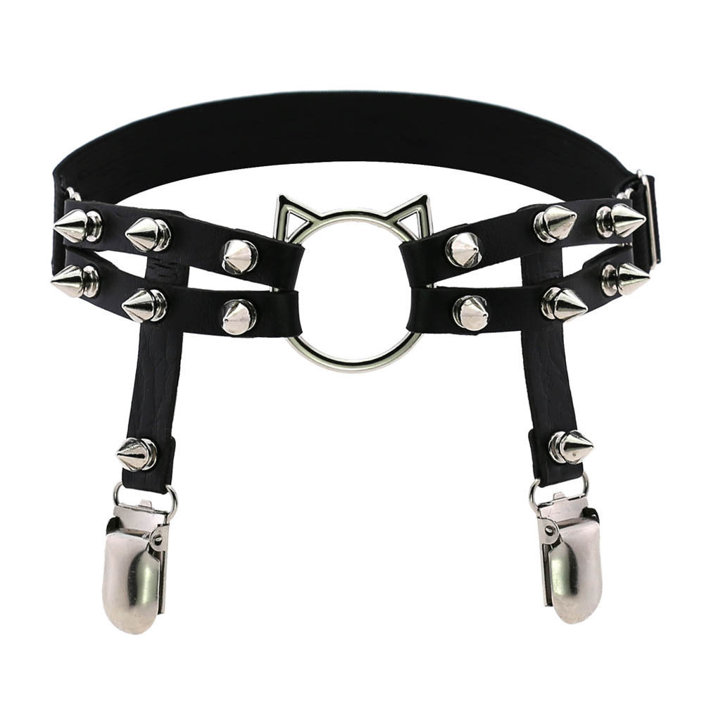 Leather Hand-studded Leg Loop Garter Belt - Mubimart -  