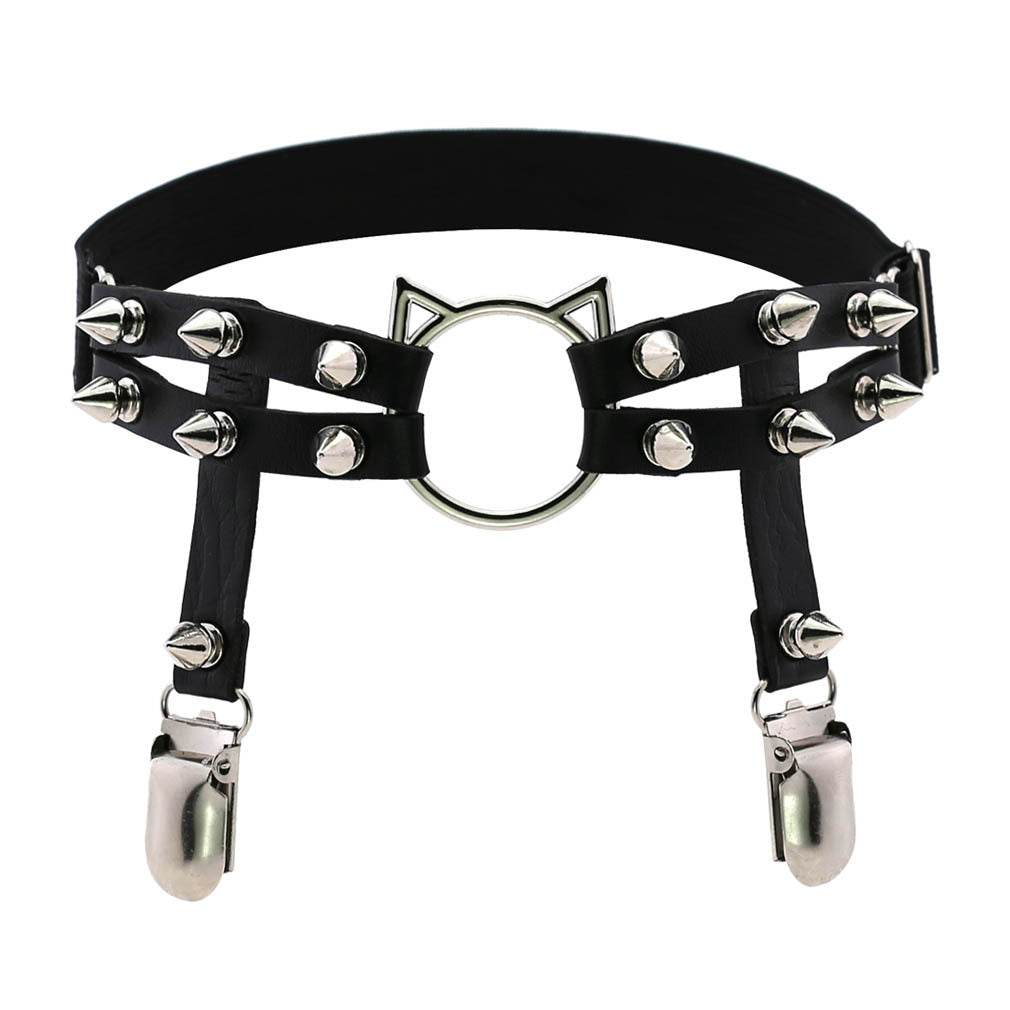 Leather Hand-studded Leg Loop Garter Belt - Mubimart