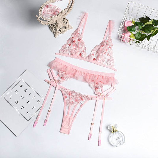 Three-piece Set Of Mesh Flower Perspective Stitching Garter Belt - Mubimart