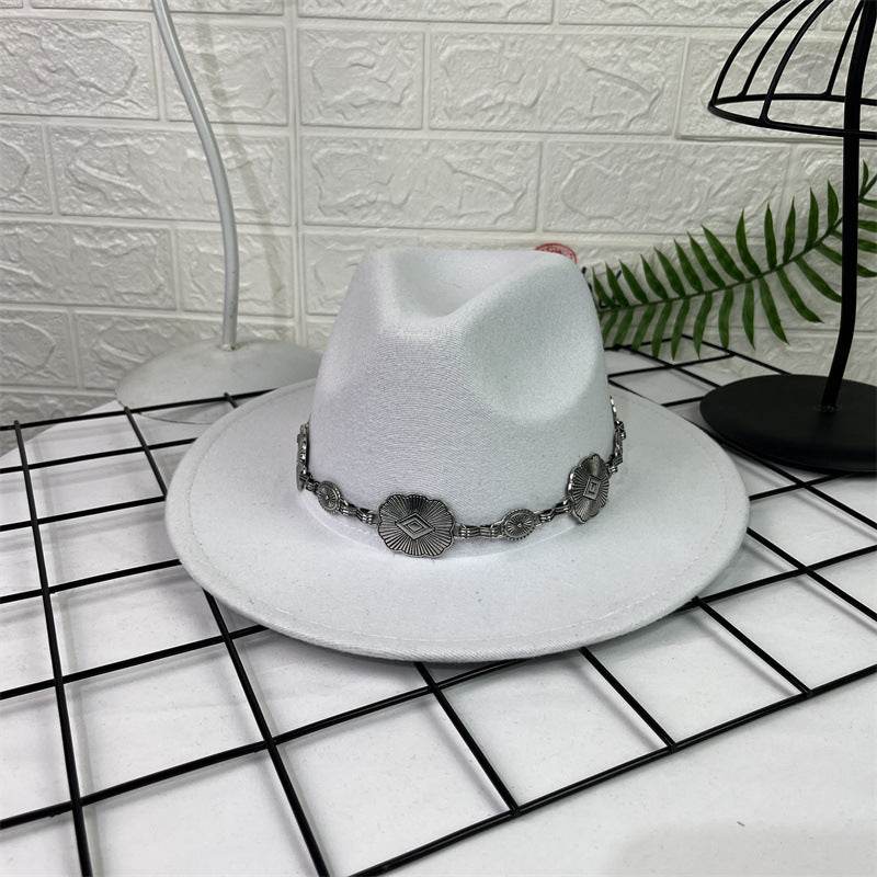 Hat Silver Square Chain Top Hat Wide Brim Flat Edge Woolen Fedora Hat - Mubimart