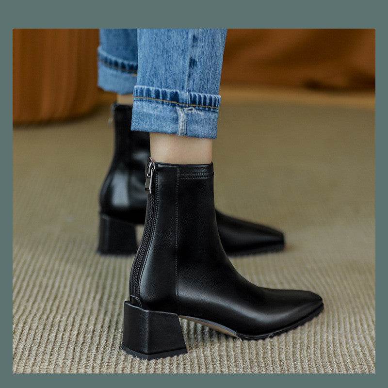 Elastic Mid-heel Block-heel Square Toe Martin Boots - Mubimart