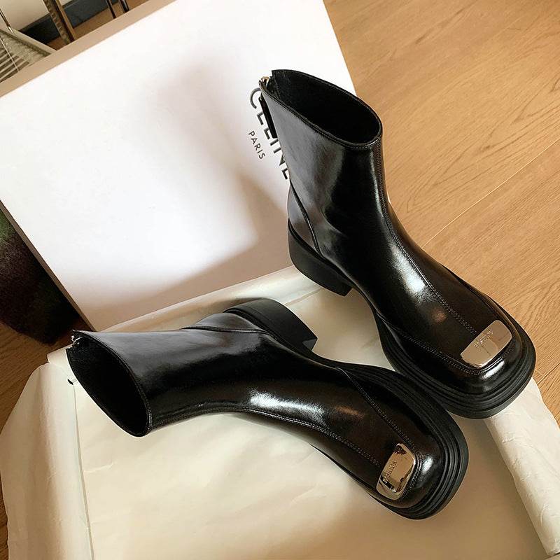 Women's Square Toe Vintage Chunky Heel Boots - Mubimart