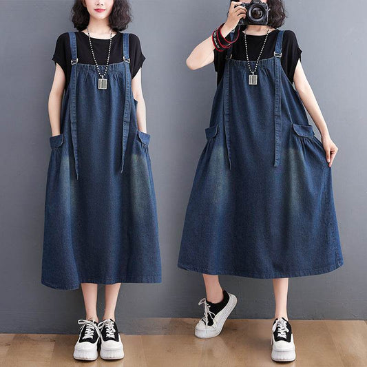 Women's Loose Plus Size Denim Suspender Dress - Mubimart