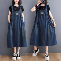 Women's Loose Plus Size Denim Suspender Dress - Mubimart - Denim Dress 