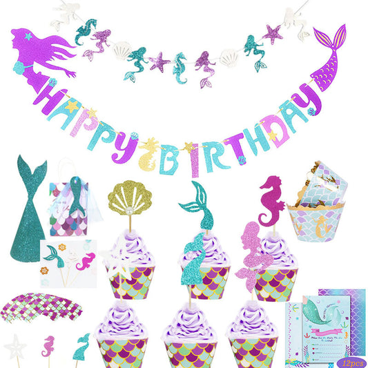 Mermaid Theme Birthday Decoration Party Supplies Children\'s Party Decorations Dessert Cake Cards - Mubimart - Birthday Decor 