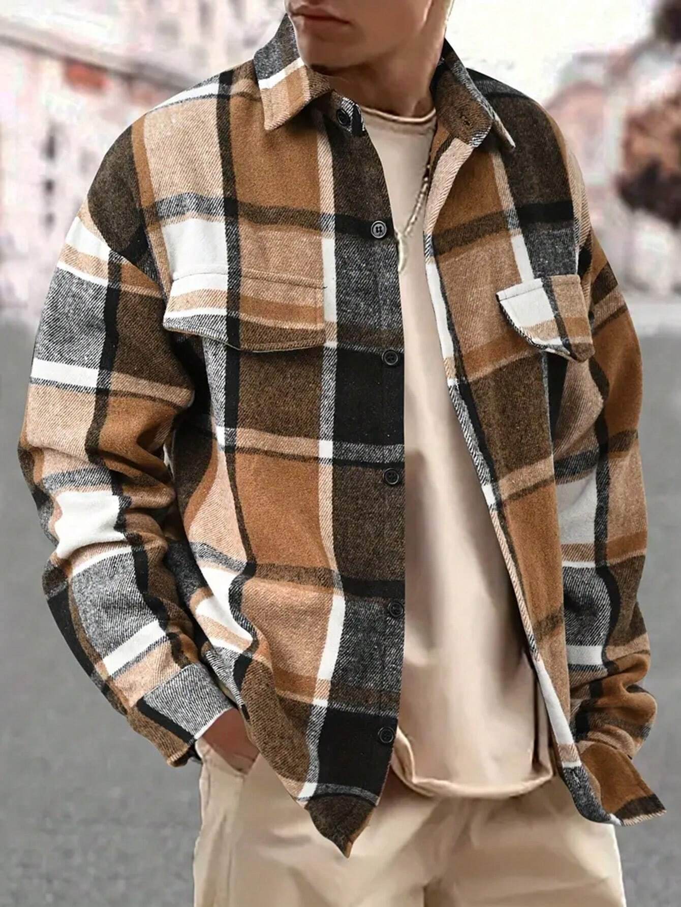 FallWinter Slim Brushed Plaid Long Sleeve Flannel Shirt Men - Mubimart