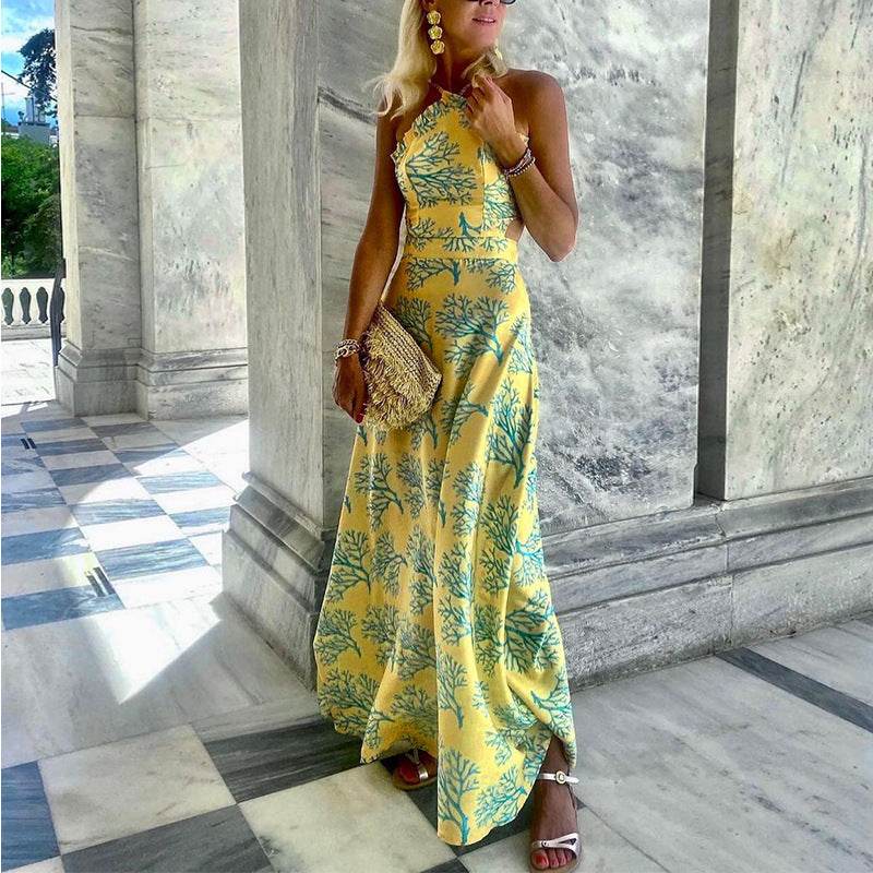 Women's Halterneck Printed Midi Dress - Mubimart