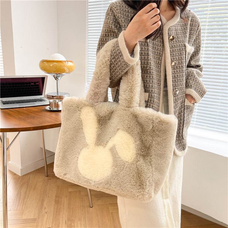 Cute Cartoon Rabbit Ears Plush Bag Autumn And Winter Shoulder Bag Shopping Handbags Large Capacity Personalized Tote Bags For Women - Mubimart