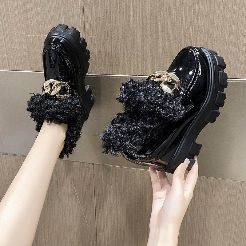 Fashion Plus Fluffy Mouth Thick Soled High Loafers Women - Mubimart