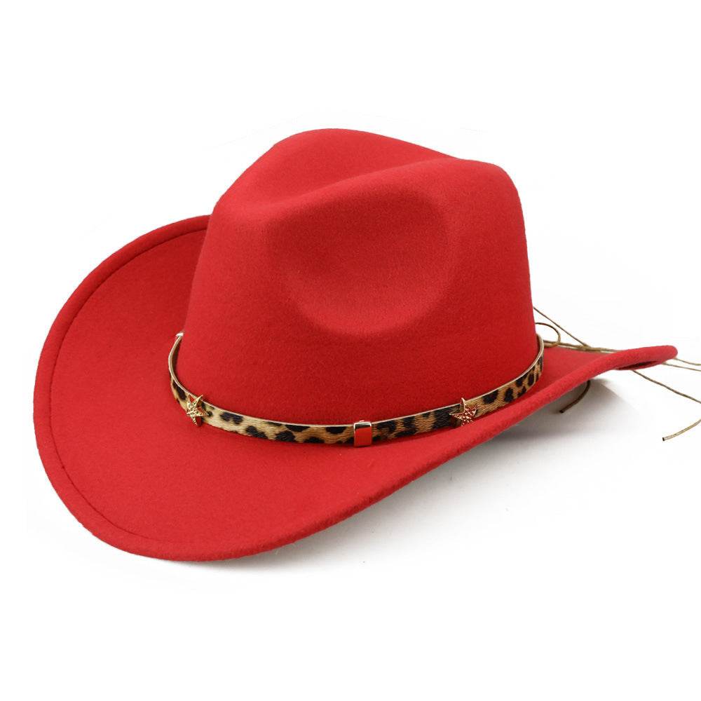 Leopard Print Five-pointed Star Belt Cowboy Hat Men's And Women's Autumn And Winter Woolen Fedora Hat Outdoor Knight Hat Western Cowboy Hat - Mubimart