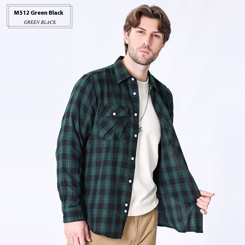 Vintage Flannel Men's Long Sleeve Brushed Plaid Shirt Coat