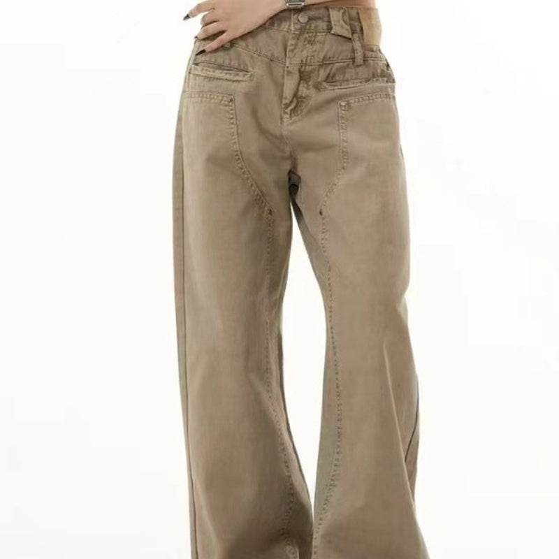 Khaki Front And Rear Reverse Niche Design Casual Pants - Mubimart