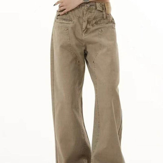 Khaki Front And Rear Reverse Niche Design Casual Pants - Mubimart