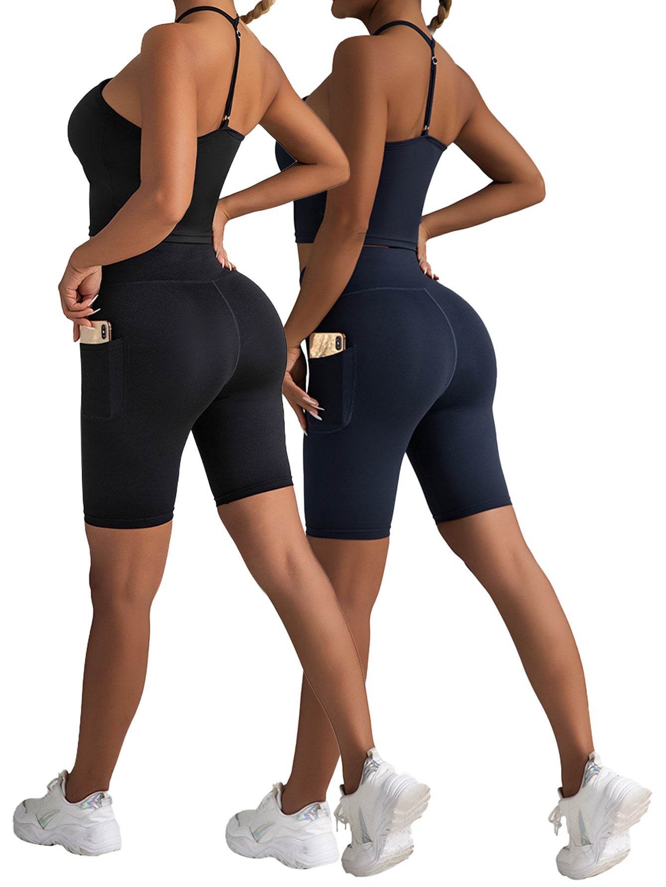 2 Pack High Waist Biker Shorts For Women-Workout Yoga Shorts Running Summer Soft Pants With Pockets - Mubimart