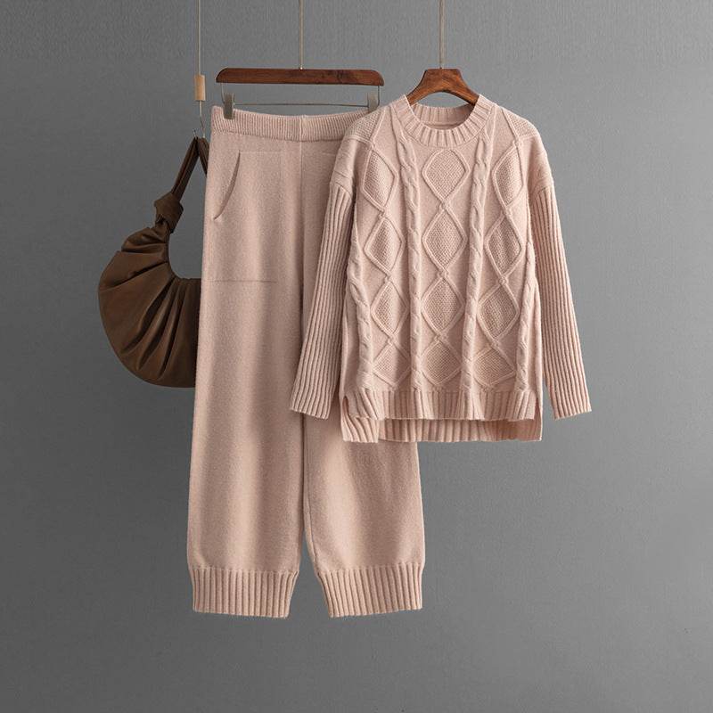 Plus Size Women's Clothing Cable-knit Pullover Sweater Suit - Mubimart