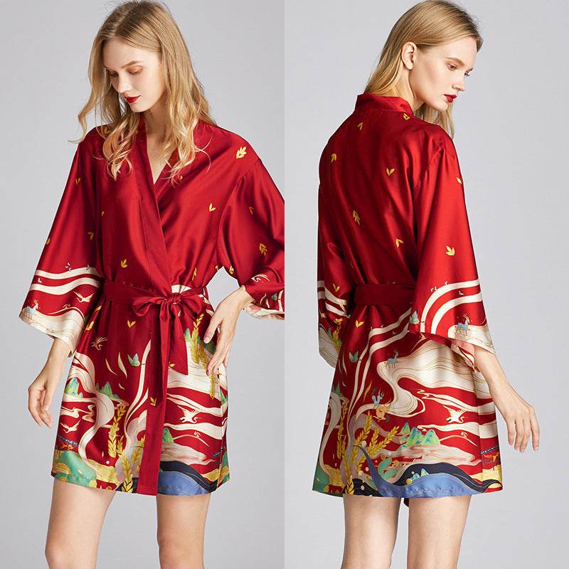 Silk Nightgown Plus Size Printed Loose Homewear - Mubimart