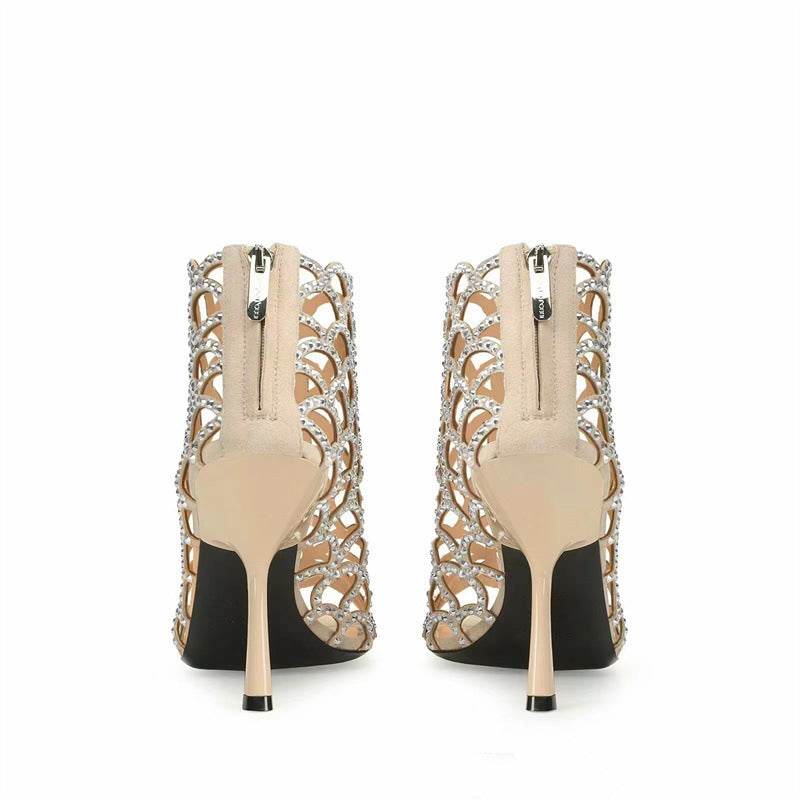 Women's Peep Toe Rhinestone Hollow High Heels - Mubimart