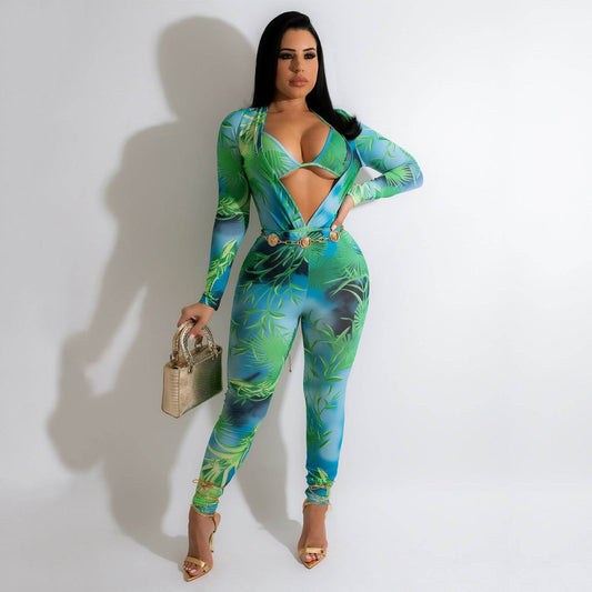 Women's Fashion Bodysuit Print Bodysuit Long Sleeve Pants Set - Mubimart