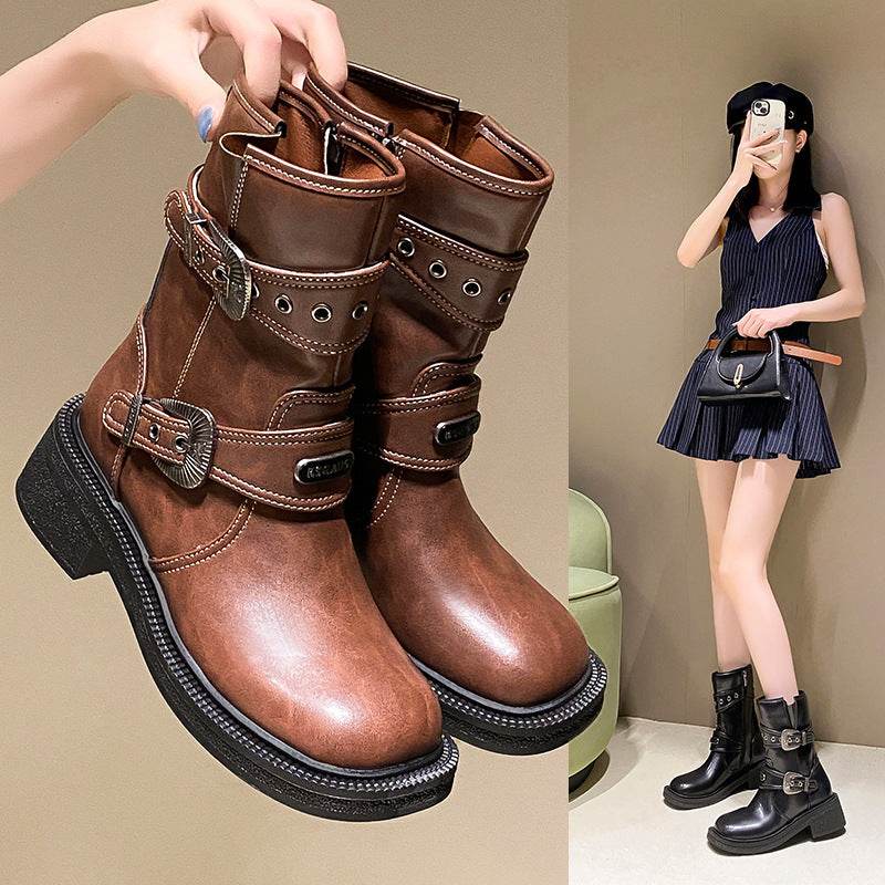 Brown Women's Ankle Boots Retro Square Toe - Mubimart