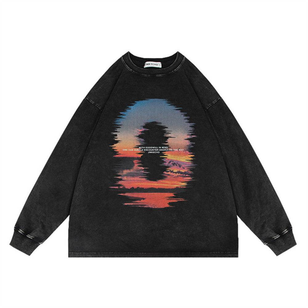 Sunset Reflection Printed Loose Sweatshirt Men - Mubimart