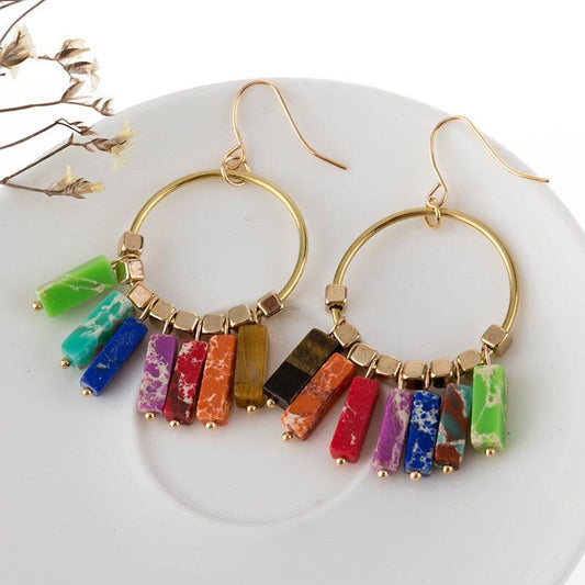 Bohemian Large Hoop Earrings Colorful Natural Turquoise Pendant Hoop - Mubimart