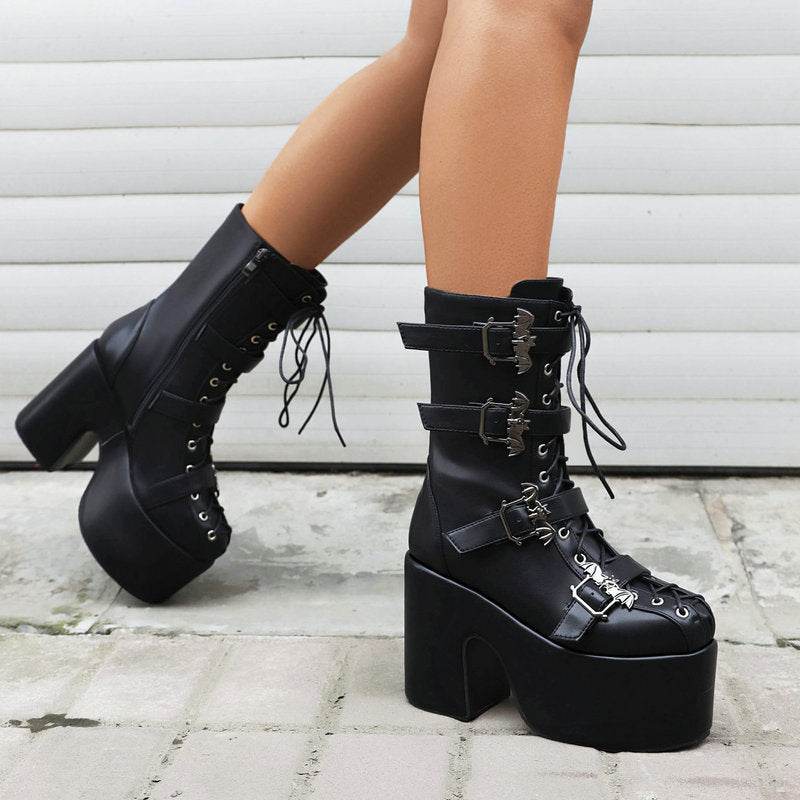 Hot Girl Punk Platform Martin Boots Women's Round Head Gothic Muffin Bottom Tall Knight Boots - Mubimart