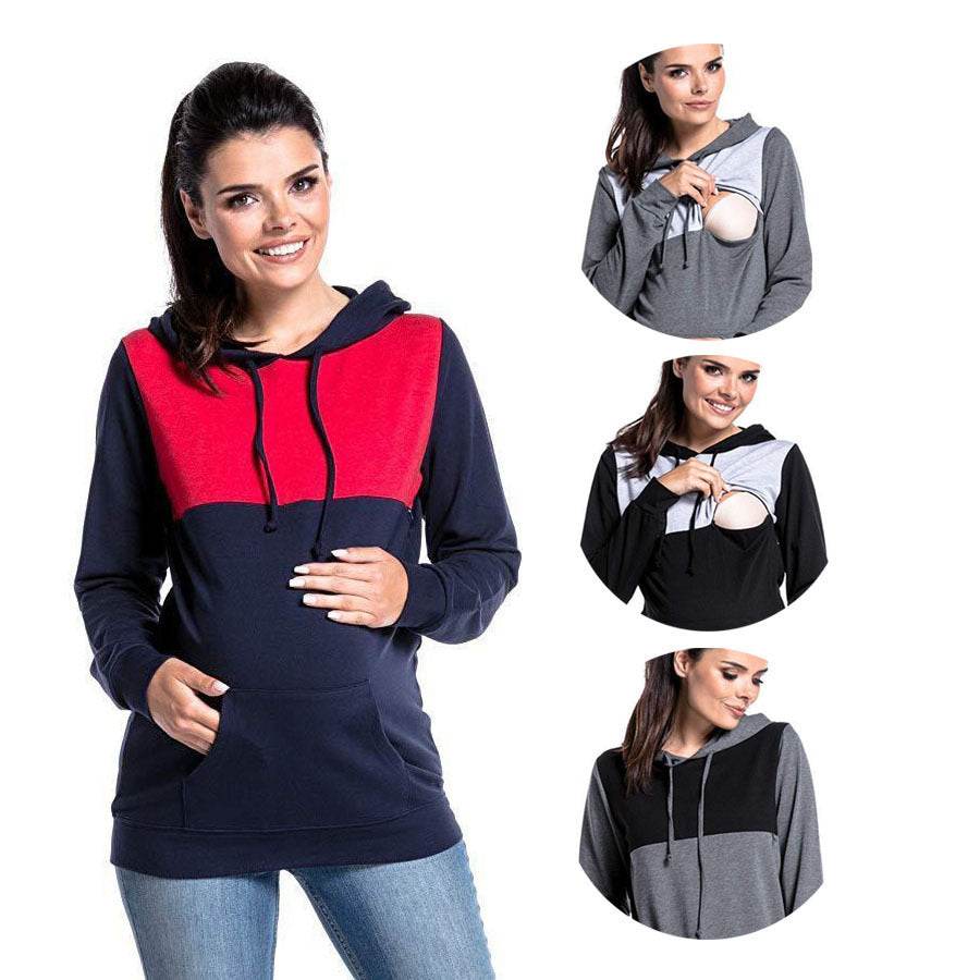 Hooded Colorblock Maternity Nursing Top Sweatshirt - Mubimart