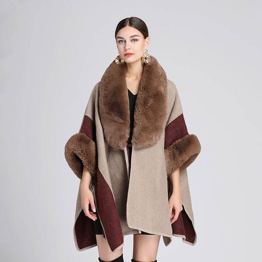Imitation Rex Rabbit Fur Collar Cape And Shawl Women's Plus Size Loose Woolen Coat - Mubimart